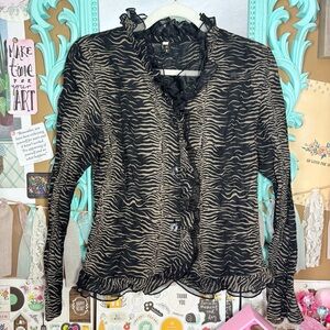 Ki Meng Animal Print Black & Brown Button Up Ruffle Women’s Sheer Blouse Zebra